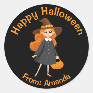 Adesivo Redondo Feliz Halloween, bruxa-branca, preto e laranja