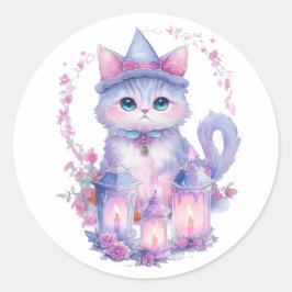 Adesivo Redondo Feliz Halloween Cat e Velas
