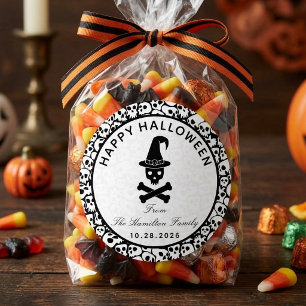 Adesivo Redondo Feliz Halloween Caveira Bruxa Chapéu Família Perso