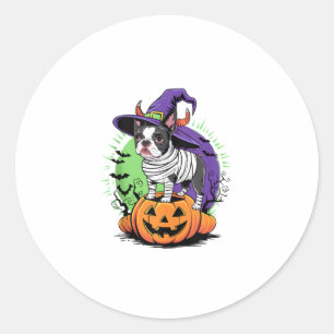 Adesivo Redondo Feliz Halloween com Boston Terrier Mummy & Witch