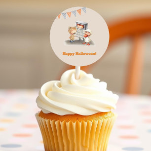 Adesivo Redondo Feliz Halloween com ursinho, pato e criança calcul