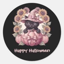 Adesivo Redondo Feliz Halloween Coquette Gata Preta & Abóbora Rosa