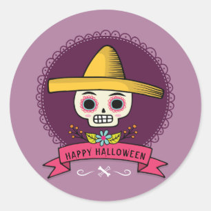 Adesivo Redondo Feliz Halloween. Crânio De Açúcar.