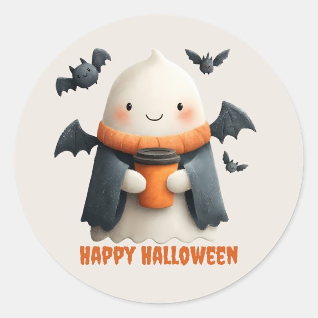 Adesivo Redondo Feliz Halloween - Cute Ghost Design (Frente)