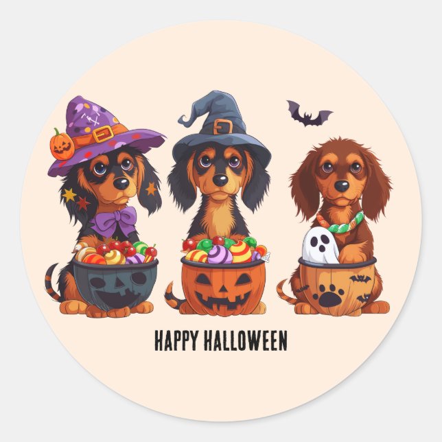 Adesivo Redondo Feliz Halloween Dachshund Dogs (Frente)