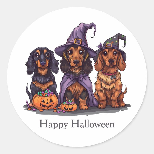Adesivo Redondo Feliz Halloween Dachshund Witch Dogs (Frente)