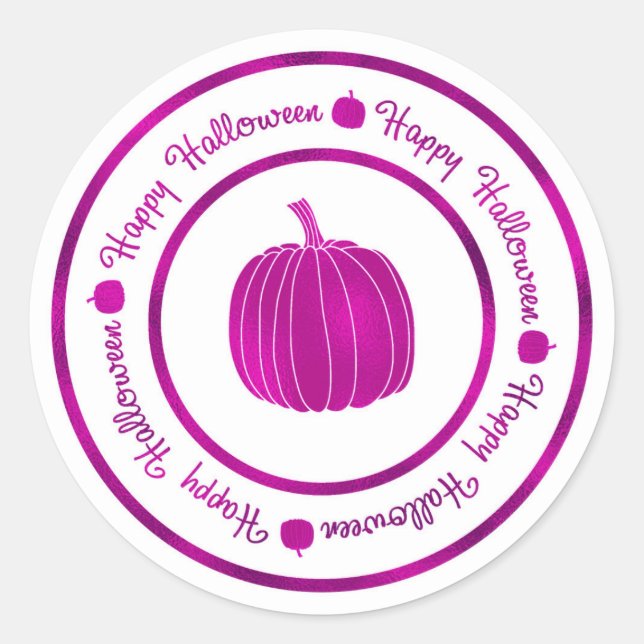 Adesivo Redondo Feliz Halloween e Pumpkin Roxo Glam Trendência (Frente)
