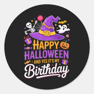 Adesivo Redondo Feliz Halloween E Sim É Meu Aniversário Chapéu De