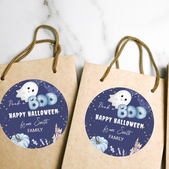 Adesivo Redondo Feliz Halloween espreitar um lindo fantasma de beb (Happy Halloween stickers cute baby ghost starry blue night pumpkin stickers)