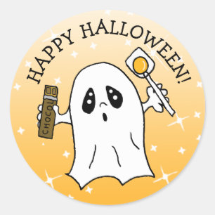 Adesivo Redondo Feliz Halloween Fantasma com Bar de doces