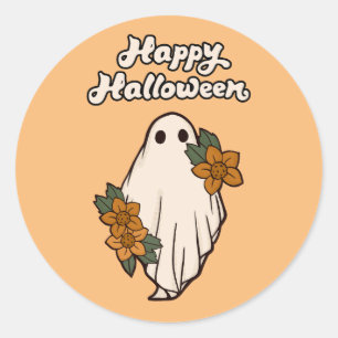 Adesivo Redondo Feliz Halloween Fantasma Fofo com Flores