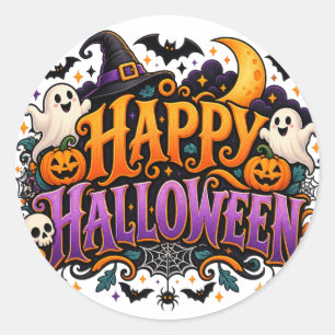 Adesivo Redondo Feliz Halloween Fantasmas Caveiras e Abóboras Ades