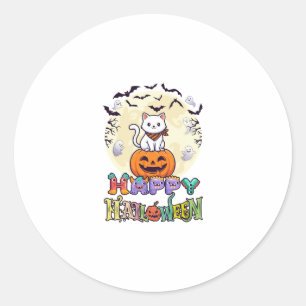 Adesivo Redondo Feliz Halloween Gato Branco Abóbora Lua Morcegos F
