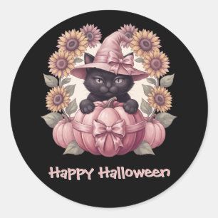 Adesivo Redondo Feliz Halloween Gato Preto Abóbora Rosa