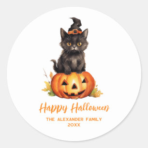 Adesivo Redondo Feliz Halloween Gato Preto Chapéu de Bruxa Abóbora