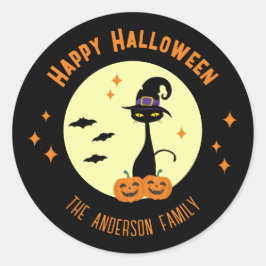 Adesivo Redondo Feliz Halloween Gato Preto Personalizado