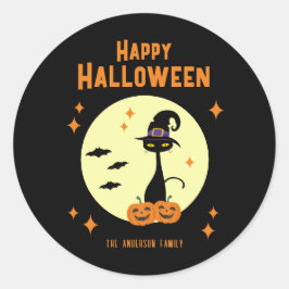 Adesivo Redondo Feliz Halloween Gato Preto Personalizado
