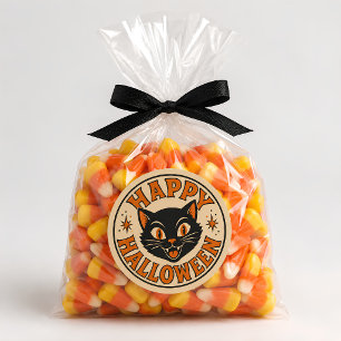 Adesivo Redondo Feliz Halloween Gato Preto Vintage Retro