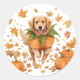 Adesivo Redondo Feliz Halloween Golden Retriever Outono Abóbora