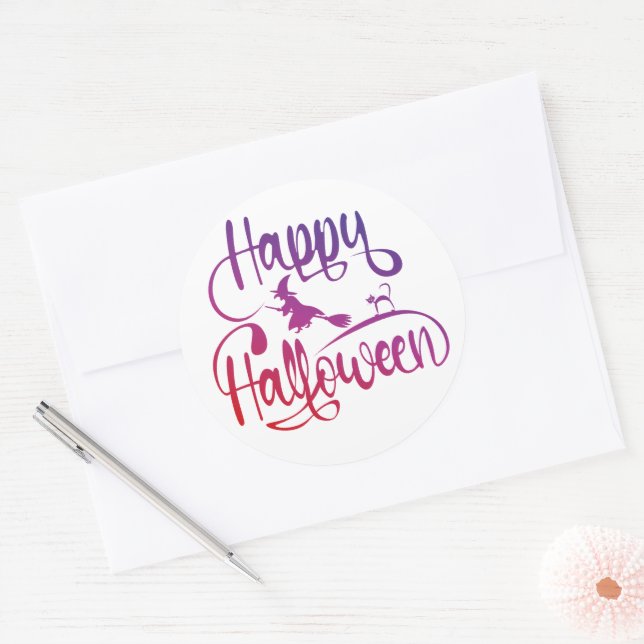 Adesivo Redondo Feliz Halloween gradient voando feiticeiro (Envelope)