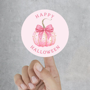 Adesivo Redondo Feliz Halloween Laço Coquette Rosa Abóbora