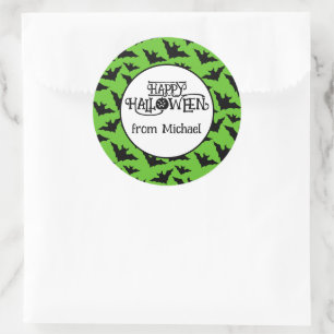 Adesivo Redondo Feliz Halloween morcegos verde preto assustador Se