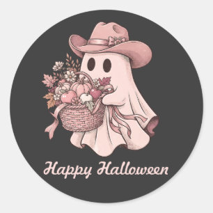 Adesivo Redondo Feliz Halloween Ocidental Rosa Fantasma & Colheita