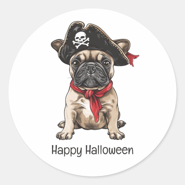 Adesivo Redondo Feliz Halloween Pirate Buldogue Francês (Frente)