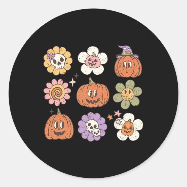 Adesivo Redondo Feliz Halloween Pumpkin Skull Flor (Frente)