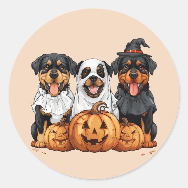 Adesivo Redondo Feliz Halloween Rottweiler Cães Jack O Lanterna (Frente)