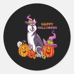 Adesivo Redondo Feliz Halloween Siberiano Husky Divertido Fofo