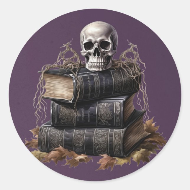 Adesivo Redondo Feliz Halloween Skull e Livros (Frente)