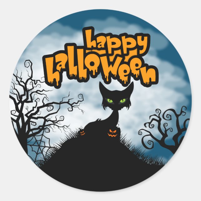Adesivo Redondo Feliz Halloween Spooky Cat Favor Gift (Frente)