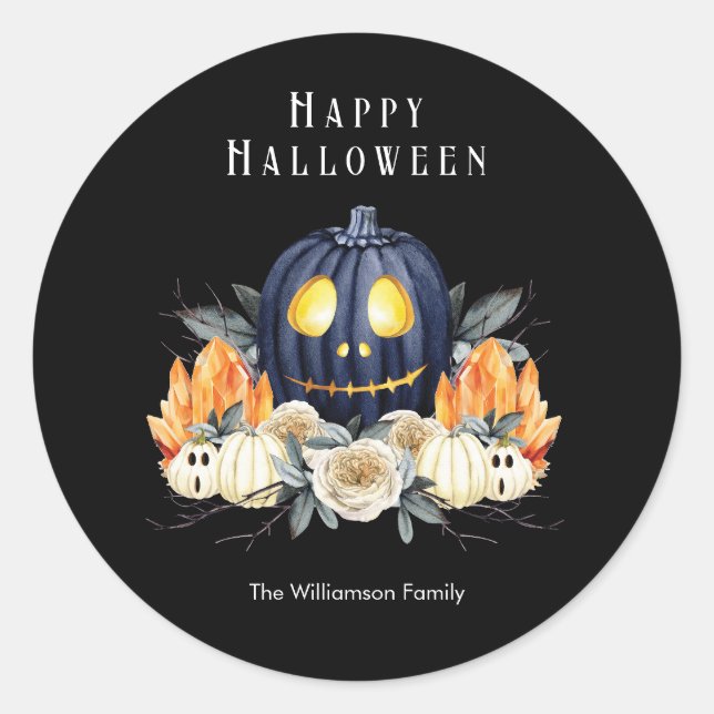 Adesivo Redondo Feliz Halloween Spooky Samhain Pumpkins Crystals (Frente)