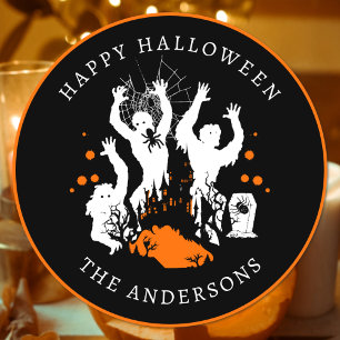 Adesivo Redondo Feliz Halloween Spooky Spider Zombies Texto Person