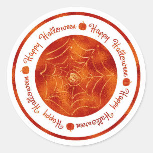 Adesivo Redondo Feliz Halloween Teia de Aranha Laranja Brilho Fest