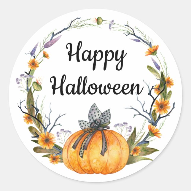 Adesivo Redondo Feliz Halloween Watercolor Pumpkin Wreath (Frente)