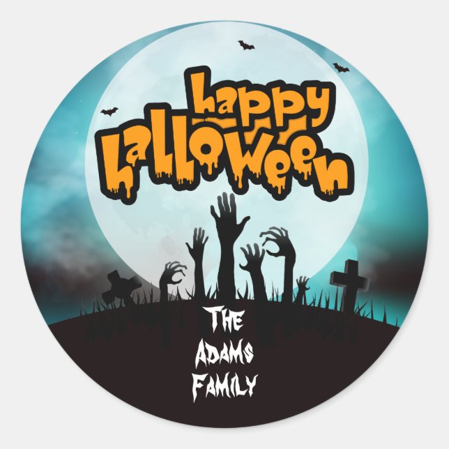 Adesivo Redondo Feliz Halloween Zombie Graveyard Personalizado (Frente)