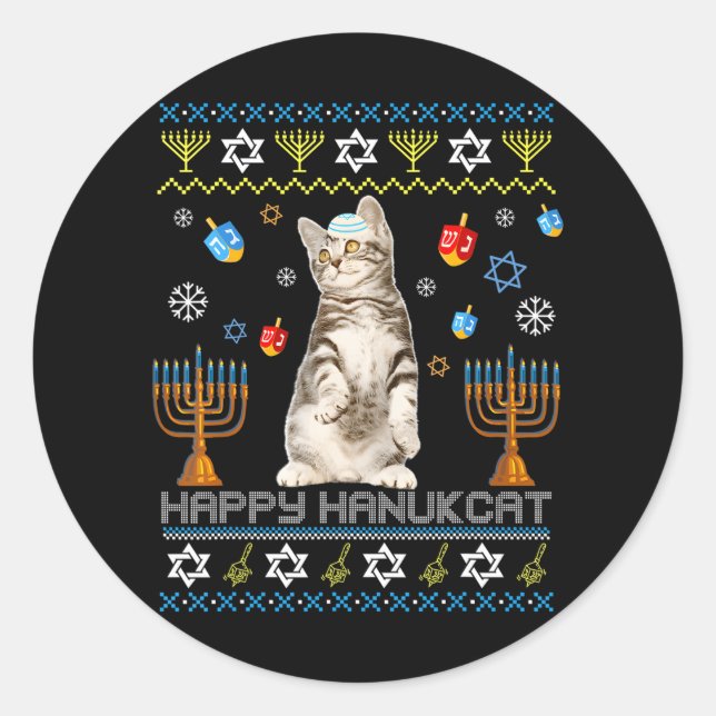 Adesivo Redondo Feliz Hanukcat Ugly Hanukkah Maine Coon Cat (Frente)