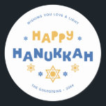 Adesivo Redondo "Feliz Hanukkah" Amor e Luz<br><div class="desc">Festivo personalizado design Hanukkah.</div>