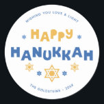 Adesivo Redondo "Feliz Hanukkah" Amor e Luz<br><div class="desc">Festivo personalizado design Hanukkah.</div>