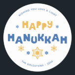 Adesivo Redondo "Feliz Hanukkah" Amor e Luz<br><div class="desc">Festivo personalizado design Hanukkah.</div>