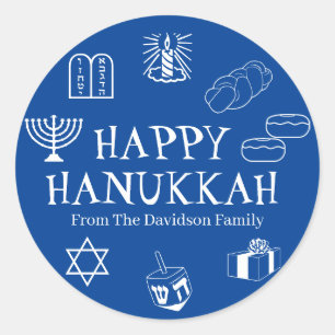 Adesivo Redondo Feliz Hanukkah, branco, texto personalizado bonito