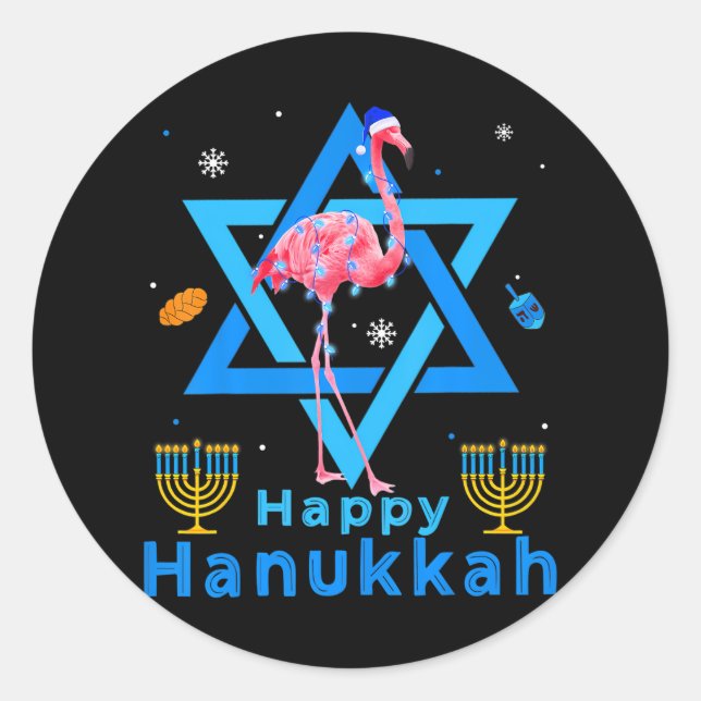 Adesivo Redondo Feliz Hanukkah Cute Flamingo Menorah Judeu Orgulho (Frente)
