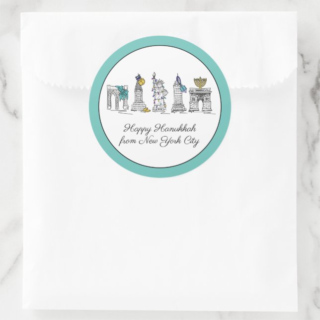 Adesivo Redondo Feliz Hanukkah da Nova Iorque NYC Chanukah (Bolsa)