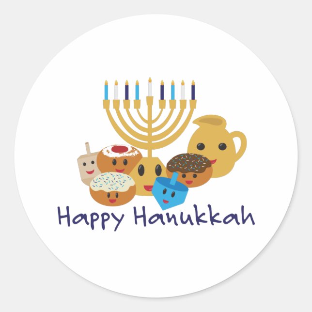 Adesivo Redondo Feliz Hanukkah e personagens bonitinhos de Hanukka (Frente)