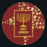 Adesivo Redondo FELIZ HANUKKAH ESTRELAS Festivas RED<br><div class="desc">Na moda festivo adesivos HANUKKAH com estrelas de ouro falsas. HOLIDAY BLESSINGS aparece em sutil padrão de fundo.</div>