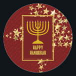Adesivo Redondo FELIZ HANUKKAH ESTRELAS Festivas RED<br><div class="desc">Na moda festivo adesivos HANUKKAH com estrelas de ouro falsas. HOLIDAY BLESSINGS aparece em sutil padrão de fundo.</div>