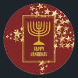 Adesivo Redondo FELIZ HANUKKAH ESTRELAS Festivas RED<br><div class="desc">Na moda festivo adesivos HANUKKAH com estrelas de ouro falsas. HOLIDAY BLESSINGS aparece em sutil padrão de fundo.</div>