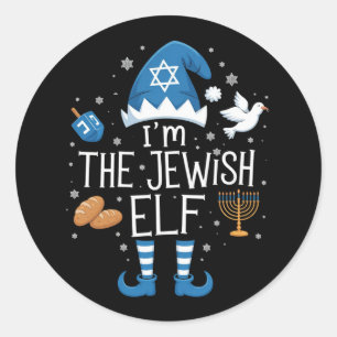 Adesivo Redondo Feliz Hanukkah Família Judia de Elfos Grupo Natal 